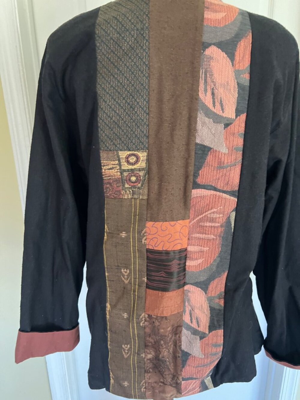 Anna Brown Open Blazer Jacket Patchwork Quilt Art to Wear Casual Neutral Small - Picture 6 of 9